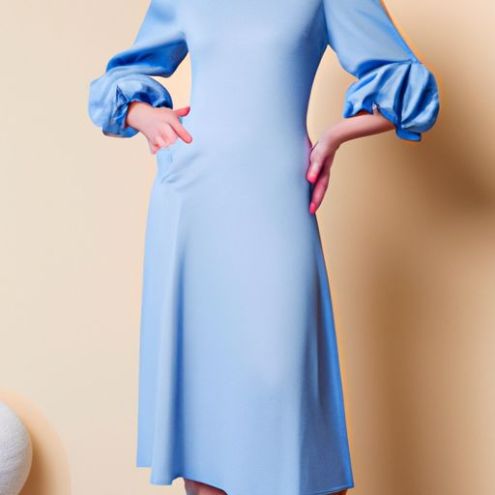 puff sleeve high waist A-line dress o neck bandage long fashion simple women's clothing 2022 summer new casual Klein blue